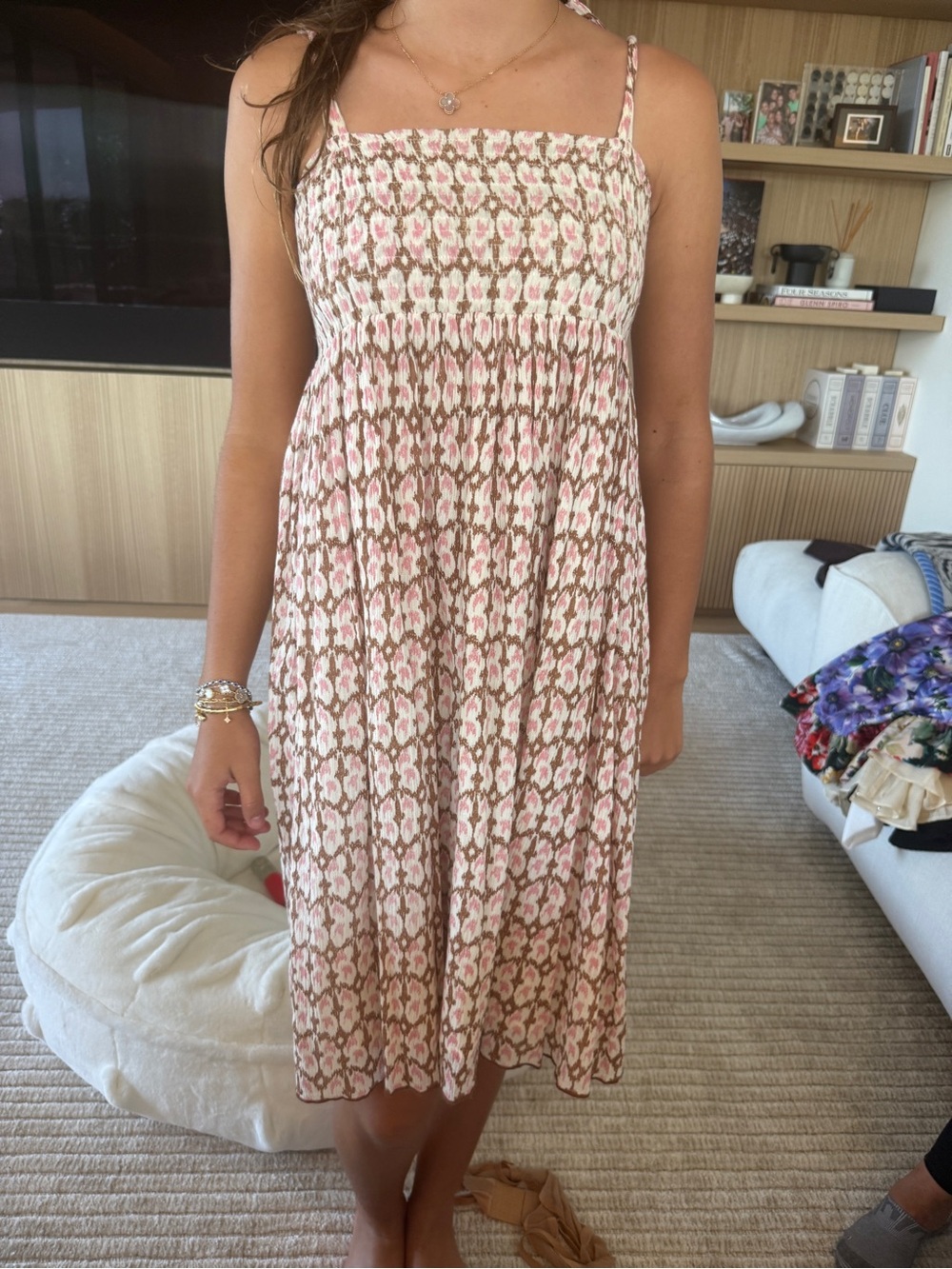 Sunchild Pink and Brown Floral Smocked Midi Dress